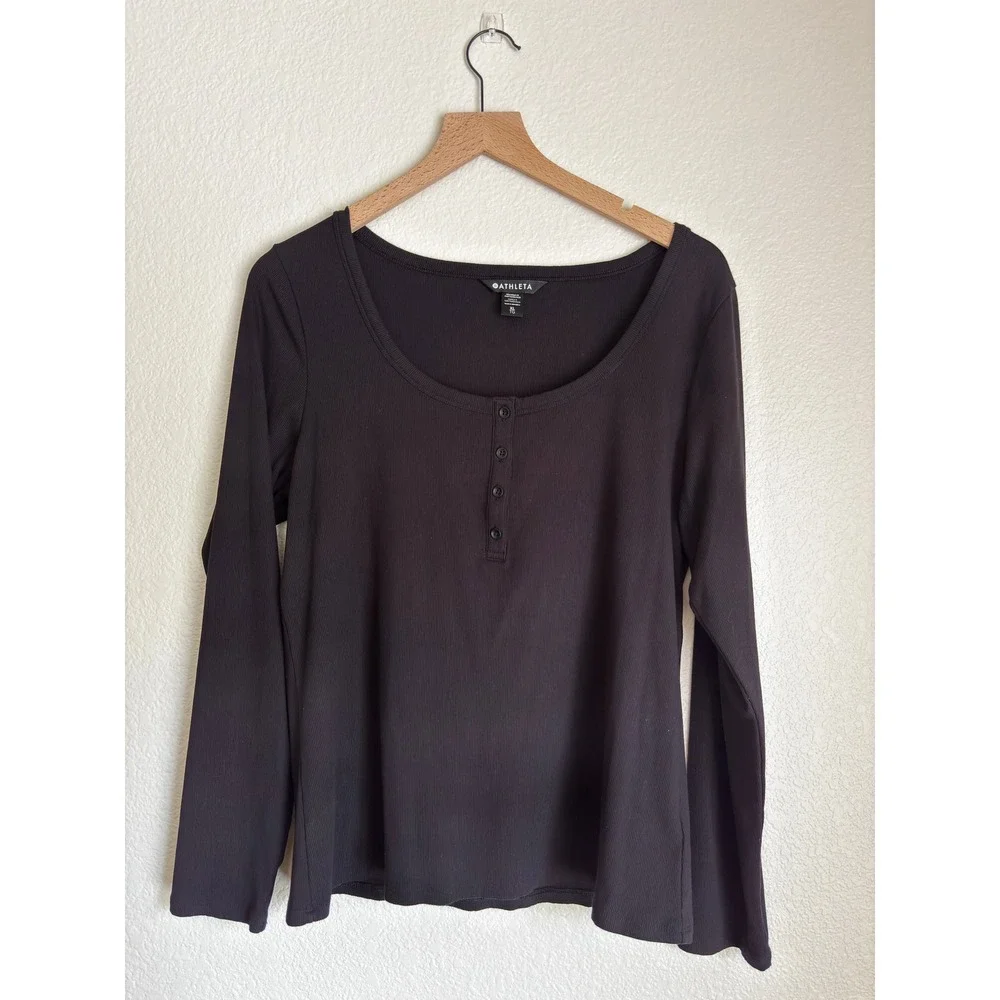 Athleta Womens XL Black Signature Rib Long Sleeve Henley Top - Picture 1 of 7